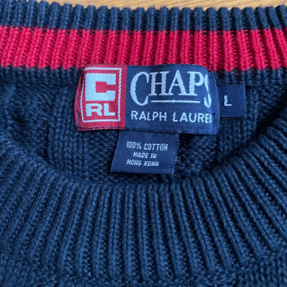 Vtg Chaps Ralph Lauren Sweater Mens L Blue Cable Knit Embroidered Crest Logo - Picture 3 of 11